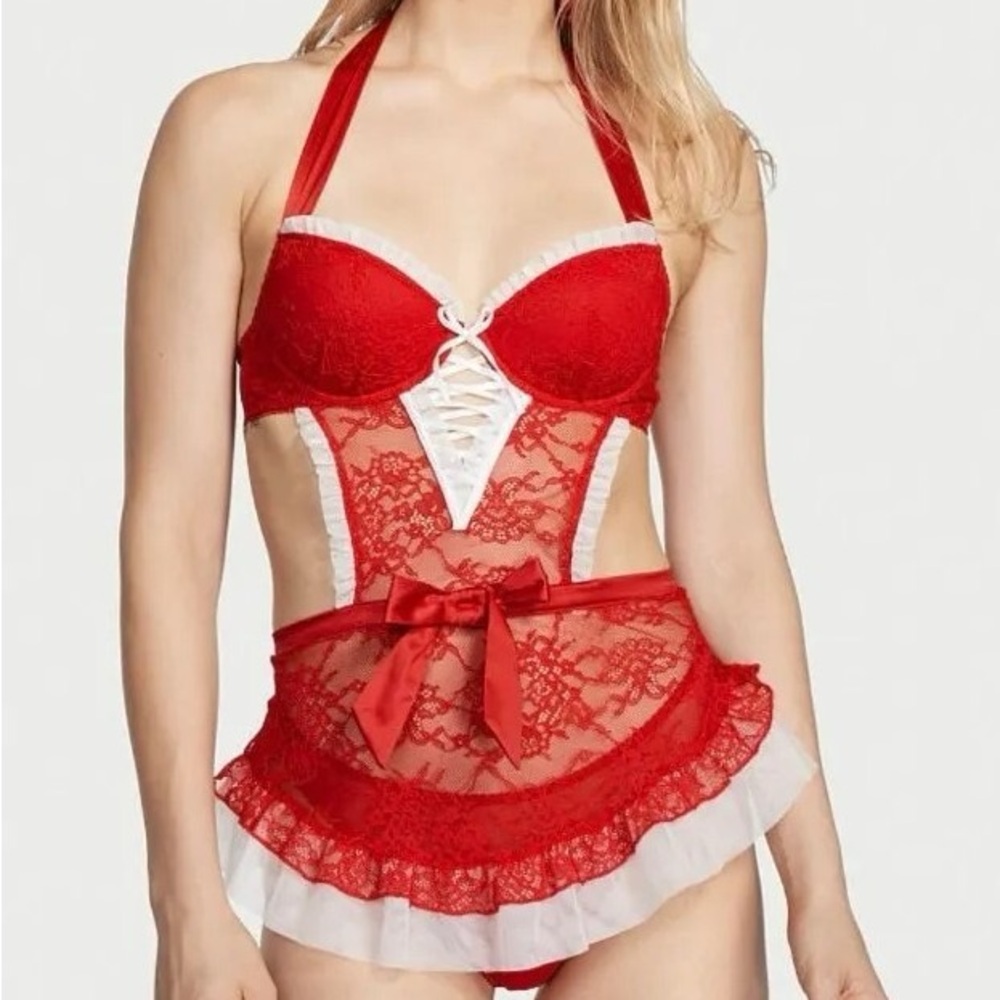 Victoria's Secret Red and White Lace Apron XS